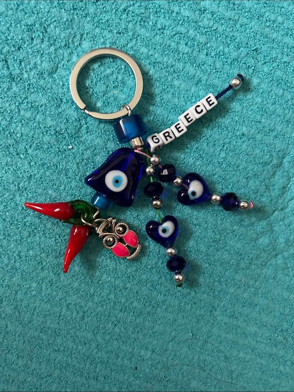 Greece Eye Keychain with Blue and Red Charm Accents